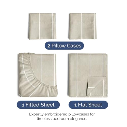 Image of Full Size 4 Piece Sheet Set - Ultra Soft & Cooling Sheets - Beige Stripes 4 | Fits 8 Inch to 16 inch Mattress, Wrinkle Free & Fade Resistant with Deep Pockets, Breathable, Comfy Hotel Luxury Bedding
