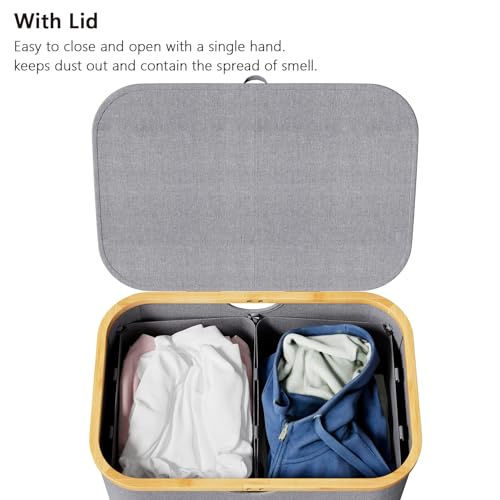 SpaceAid Double Laundry Hamper 2 Section with Lid and Removable Laundry Bags, 160L Clothes Basket with Bamboo Handles, Large Collapsible Hamper for Bedroom, Bathroom, Dorm, Laundry Room - Grey
