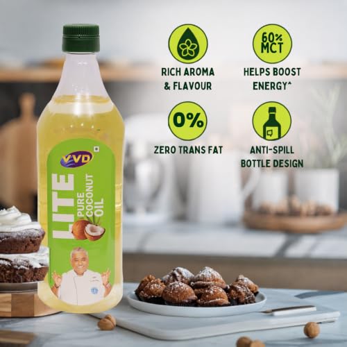 Image of VVD Lite Pure Coconut Oil 1 litre Bottle | Pure Coconut Oil for Cooking | Natural Coconut Cooking Oil | Edible Cooking Oil | Light | Rich Coconut Aroma & Taste | Free from Argemone Oil | Non - sticky | Non-greasy | Less Viscous | Best Value for South Indian Cooking