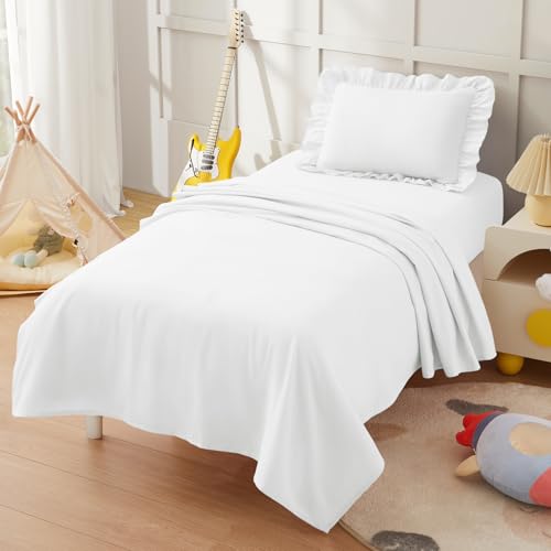 Image of KKJIAF 3 Piece Toddler Sheet Set Microfiber, Includes a Flat Sheet, a Fitted Sheet and a Ruffle Pillowcase, White