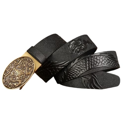 Men's Leather Dragon Print Ratchet Dress Belt - Adjustable Auto Buckle With Engraved Double Dragons2