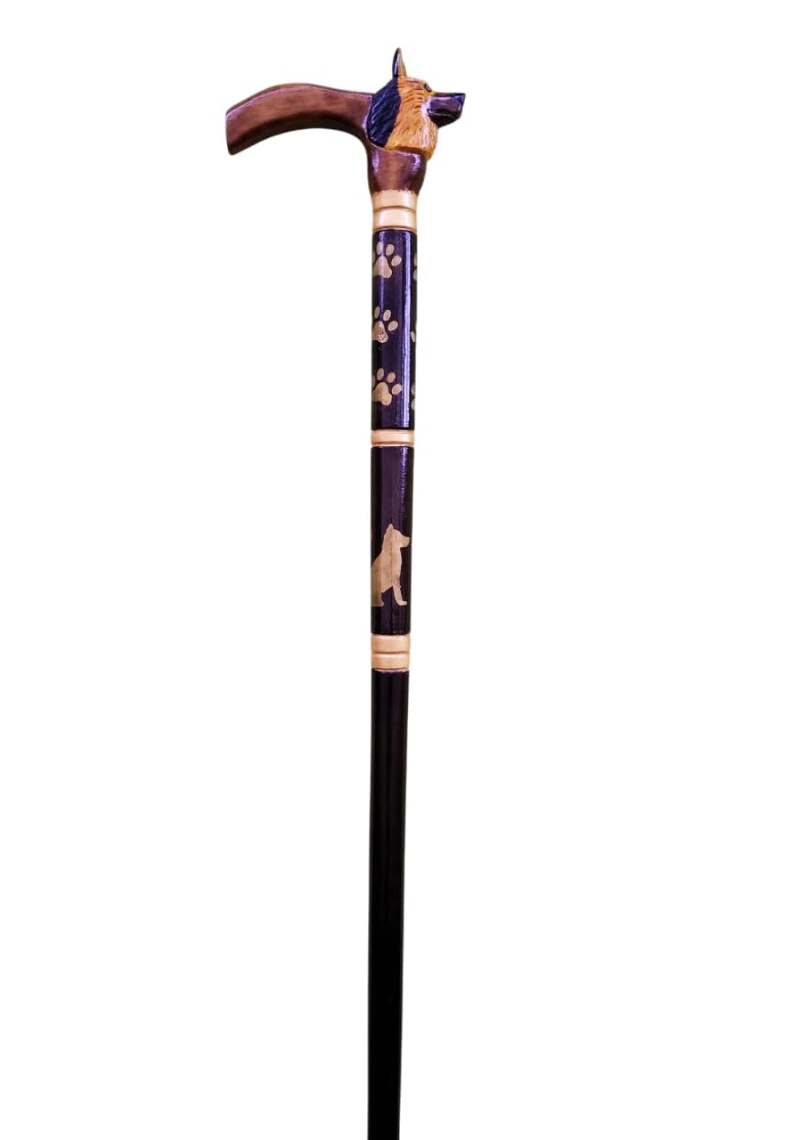 Wooden Hand Carved German Shepherd Dog Head Walking Cane With Natural Wood Grain - 36" Unique Design Premium Wood Carved With Ergonomic Palm Grip Handle Wood Carved Walking Cane Gift For Men Women.