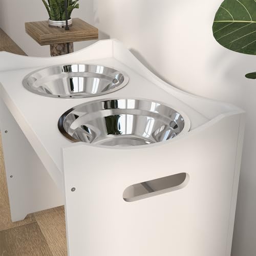 PawHut Erhöhter Hundenapf Höhenverstellbar Futternapf mit Ständer Wassernapf 2 x 2L Edelstahlnäpfen Langsamfutternapf verstellbar Fressnapf Futterstation Hundenäpfe für alle Hundegrößen, Weiß