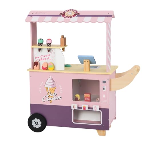 RELAX4LIFE Juguete carro helado para niños con 15 piezas de juguetes, puesto de helado con dispensador automático, expositor y caja, carrito de helado móvil para niños 3+ años (rosa)