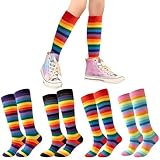 AUNGCSHE Calze Lunghe Donna, Calzini a Righe Rainbow, Calze Colorate Donna, Adatto per Costume Carnevale, Halloween, Circhi, Cosplay, Travestimento (4, Multicolore)