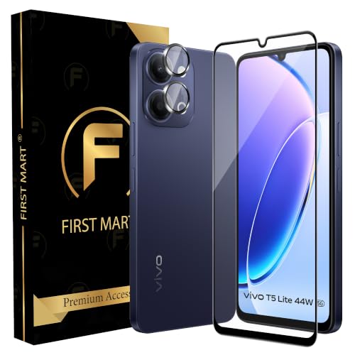 Image of FIRST MART Tempered Glass for Vivo T5 Lite 5G with Black Camera Ring Guard & Installation Kit | HD Clear Edge-to-Edge Screen Protector, Scratch Resistant, Case-Friendly | Pack of 1