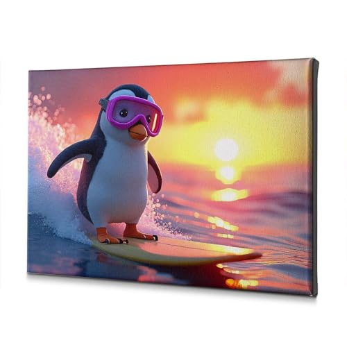 Tableau pingouin surfer pour salle de bain shabby chic 40x60