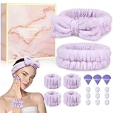 Crosize Headbands and Wristbands Set for Washing Face, Spa, Skincare, Gift for Women and Girls, with Powder Puffs, Purple