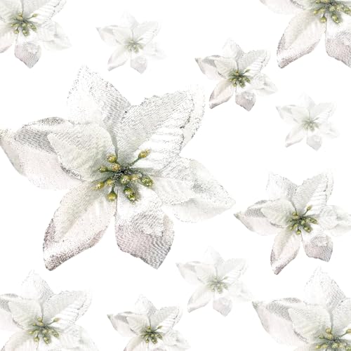 KEPATO Christmas Glitter Poinsettia Christmas Tree Ornaments Pack of 12 (Silver)