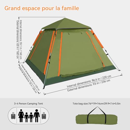 YUSING Instant Tents for Camping Pop Up Tent, Family Camping Tent for 4 Person, Pop Up Tent with Vestibule and Mesh Windows, UPF 50+