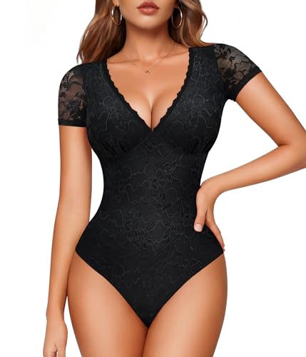 LODAY Lace Bodysuit Short Sleeve Bodysuit for Women Deep V Neck Body Suits Double Lined Bodysuit Slim Fit Small Black