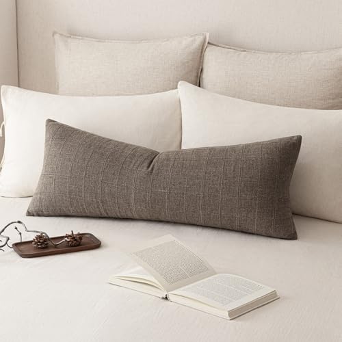 Image of Foindtower Set of 1 Decorative Linen Check Throw Pillow Cover Neutral Farmhouse Lumbar Cushion Cover Soild Modern Boho Home Decor for Sofa Chair Couch Bedroom Living Room,14x36 Inch,Taupe Grey