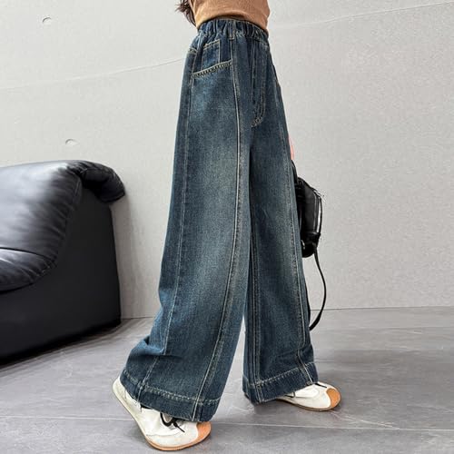 Girls Jeans Elastic Waist Wide Leg Baggy Denim Pants Kids Casual Cute Y2K Streetwear Teen Trousers with Pockets 4-14Y3