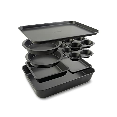 Elbee Home 8-Piece Nonstick Aluminized Steel, Space Saving Baking Set, With Deep Roasting Pan, Cookie Sheet, Cake Pans, Muffin Pans And Baking Pan Pfoa & Pfos Free #TOP12