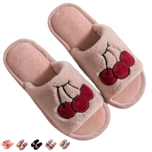 Women's Strawberry Slippers Non-Slip Indoor House Shoes Cute Fruit Plush Cozy Open Toe Cotton Bedroom Home Slippers with Memory Foam Lightweight Travel Portable - Main Image