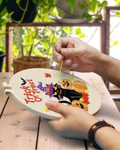 Image of Halloween Embroidery Kit for Adult, 3 Sets Embroidery Stitch Practice kit | Include Embroidery Cloth Hoops Threads for Craft Lover Hand Stitch