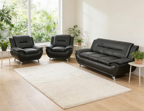 Anthato 3 Piece Living Room Furniture Set, Contemporary Sectional Sofa Couches, Black Leather Sofa Set with Metal Feet, Faux Leather Modern Couch & 2 Chairs for Living Room/Office/Club, 3+1+1, Black#2