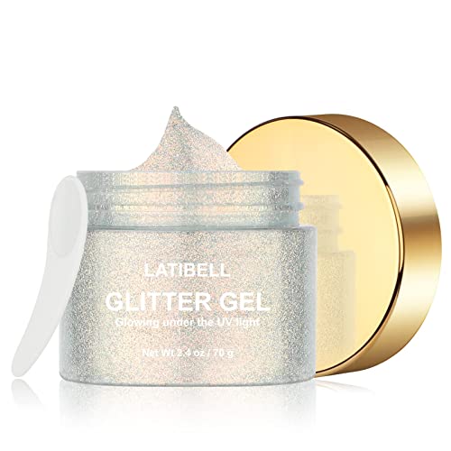 Latibell Silver Body Face Glitter Gel, Glow In The Uv Black Light Glitter Gel Makeup, Uv Body Glitter For Women, Fine Glitter Mixed With Gel For Body, Face And Hair Rave Accessories- 2.4 Oz (Silver) #TOP11