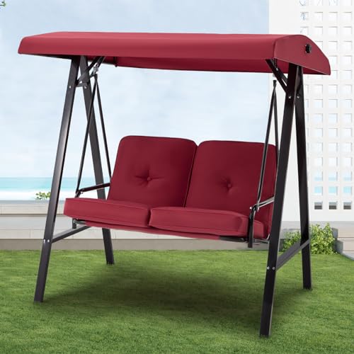 Image of U-MAX 2 Seat Outdoor Patio Swing Chair for Adults, Porch Swings with Adjustable Canopy, Outside Swing Bench with Removable Cushion, Suitable for Backyard, Garden, Yard, Poolside, Balcony (Red)