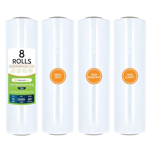 PSBM Stretch Wrap, 8 Rolls 12 Inch x 2000 Feet 60 Gauge Heavy Duty up to 800% Ultimate Stretch Clear Plastic Wrap Industrial Strength Shrink Film for Moving, Packing & Shipping