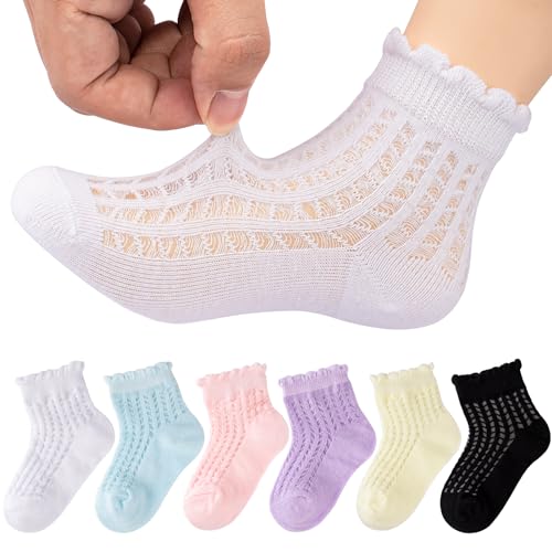 Meeshine 6 Pack Toddler Baby Girls Boys Mesh Thin Socks Summer Eyelet Cotton Ruffle Breathable Ankle Socks for 1-6T Kids