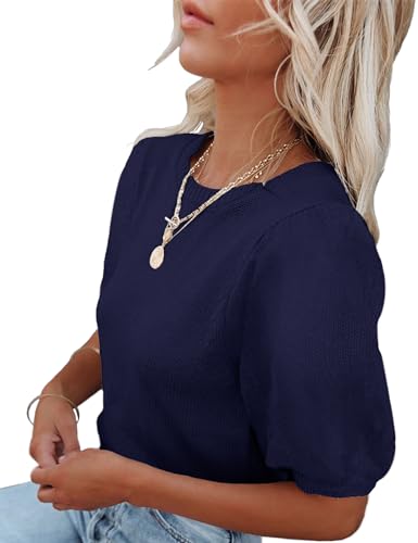 Image of Womens Short Sleeve Sweaters Crewneck Knit Pullover Tops 2025 Summer Casual Lightweight Crochet Blouse Shirt