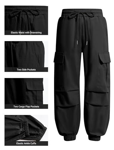 Image of JiAmy Girls Cargo Pants Elastic High Waist Drawstring Pants Jogger Trousers Casual Loose with Pockets 6-14Y