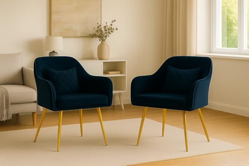 Image of Velvet Chair with Floral Pillow for Home | Modern Accent Armchair in Soft Velvet Fabric with Golden Legs | Set of 2 Premium Accent Chair for Living Room Bedroom (Barfi Blue)