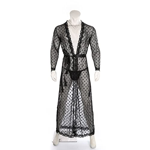 Maiyifu-GJ Men's Lace Sheer Kimono Robe Sexy See Through Mesh Bathrobe Lingerie Long Sleeve Cardigan Sleepwear Nightwear2