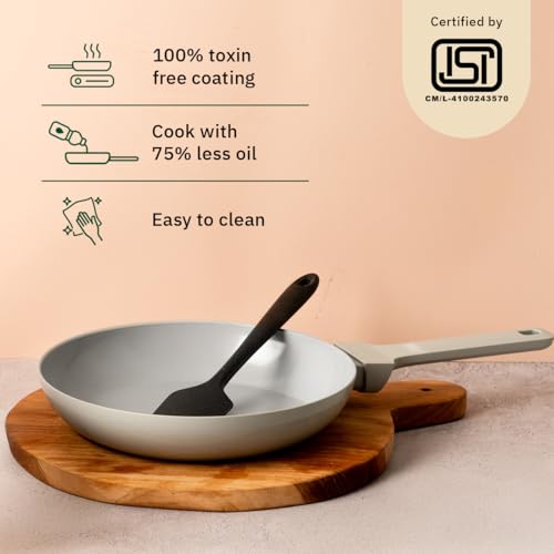 Image of Ember Cookware Arcilla Ceramic Frying Pan 24 cm | 5-Year Warranty | 75% Less Oil Usage | Lightweight, Non-Toxic Non-Stick Ceramic Frypan | Matching Handle- Gas Compatible | ISI Certified | Grey