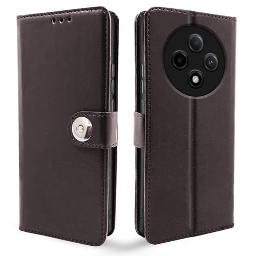 Image of Pikkme Flip Cover Leather Finish | Inside TPU with Card Pockets | Wallet Stand and Shock Proof | Complete Protection Button Flip Case for Oppo F27 Pro Plus 5G (Coffee)