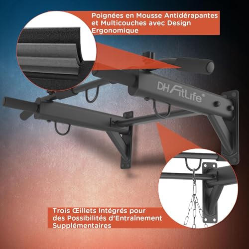 DH FitLife Barre de Traction 4 en 1 pour Montage Mural, Charge jusqu'à 200kg | Chevilles d'Expansion | Poignées Antidérapantes | Compatible avec Sac de Frappe & Entraîneur de Sangles – Image 5