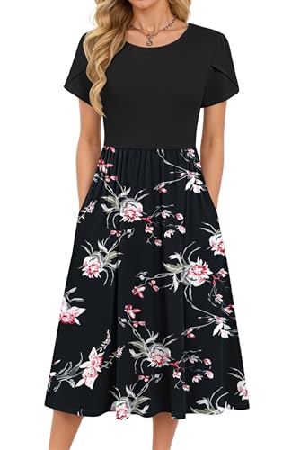 MOLERANI Summer Dresses for Women UK - Round Neck Short Sleeve Elegant Tunic Dress Classic Midi Dress with Pockets Black Orchid 2XL