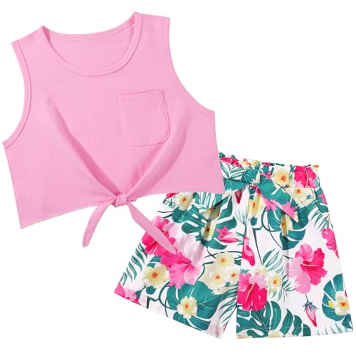 Image of Girls 2-Piece Summer Short Set, Textured Striped Crewneck T-Shirt and Casual Outfit for 5-14 Years
