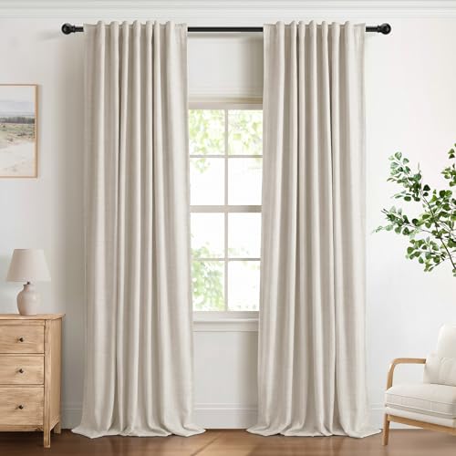 DEFYNEE 100% Verdunkelungsvorhänge mit verdeckten Schlaufen Leinen-Optik 2er-Set Blickdichte Vorhänge Stangendurchzug für Schlafzimmer oder Wohnzimmer H245 x B140 cm Creme