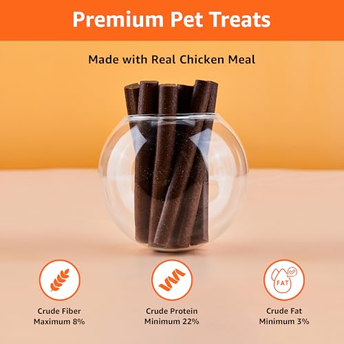Image of Amazon Basics Dog Treat Sticks 140 gm, Chewy Meat Sticks for Adult Dogs and Puppies, High Protein Dog Treats for Training and Snacks, Made of Real Chicken Meat, Ziplock Pack, Strawberry Flavor