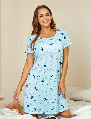 PNAEONG Women's Cotton Nightgown Sleepwear Short Sleeves Shirt Casual Print Sleepdress4