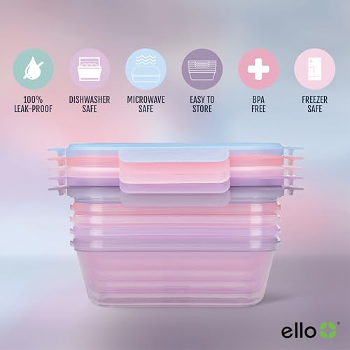 Image of Ello Snap & Nest 10-Piece 4.5 Cup Plastic Meal Prep Set, Reusable Food Containers for Healthy Eating, Freezer, Dishwasher Safe, Berry Fields