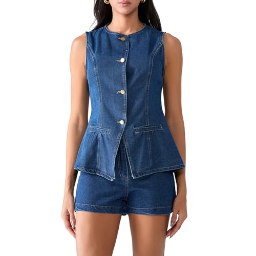 Nituyy Women's Button Down Denim Waistcoat Vest Crew Neck Versatile Jean Vest Tops Slim Fit Oversized Jean Jacket2