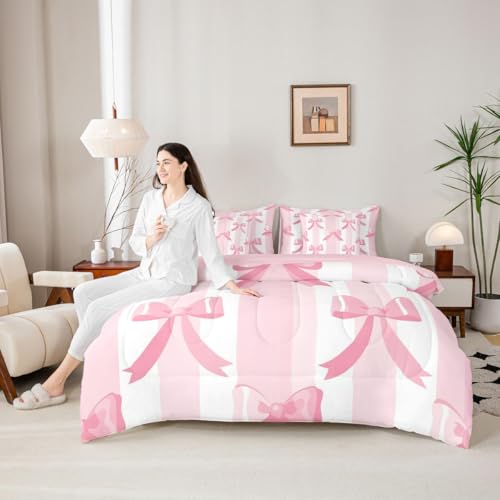 Image of Princess Bow King Size Comforter Set with Sheets | Kawaii Bow 7-Piece Bedding Set Dreamy Ribbon Bowknot Bed in a Bag, Watercolor Pink Striped Bed Sets,Cute Room Decor Aesthetic