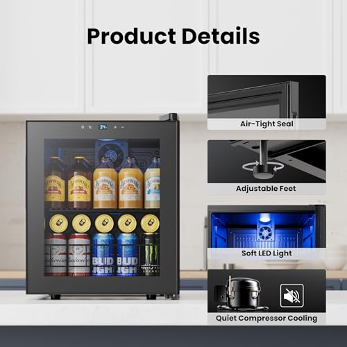 Image of Yeego Beverage Refrigerator, 65 Can Mini Fridge with Glass Door, Digital Temperature Control 34F-54F, Countertop Drink Cooler for Soda, Beer and Wine, Black