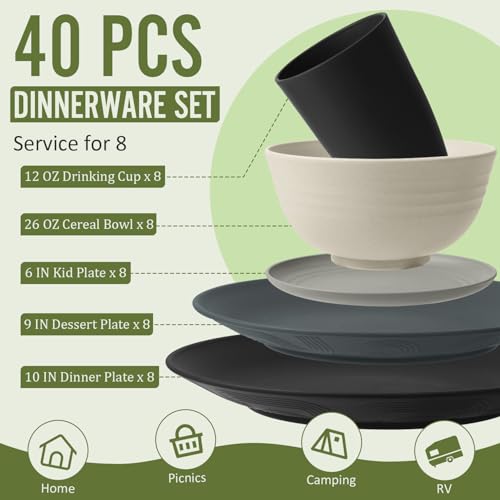 Image of Wheat Straw Dinnerware Sets 40 PCS - Unbreakable Plates and Bowls Sets for 8,Party Kitchen Camping RV Dishwasher & Microwave Safe Modern Lightweight Dishware Sets - Black Grey