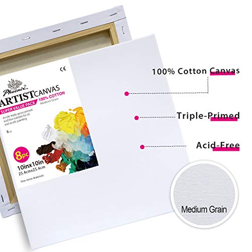 Phoenix Stretched Canvas For Painting 10X10 Inch/8 Value Pack, 8 Oz Triple Primed 5/8 Inch Profile 100% Cotton White Blank Canvas, Square Framed Canvas For Oil Acrylic & Pouring Art #TOP2