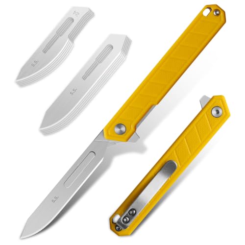 Image of OLITANS G046 Mecha Mini Slim Folding Scalpel with 5pcs #24 and 5pcs #60 G10 Handle with Liner Lock, Utility EDC Pocket Knife with Back Clip (Yellow)