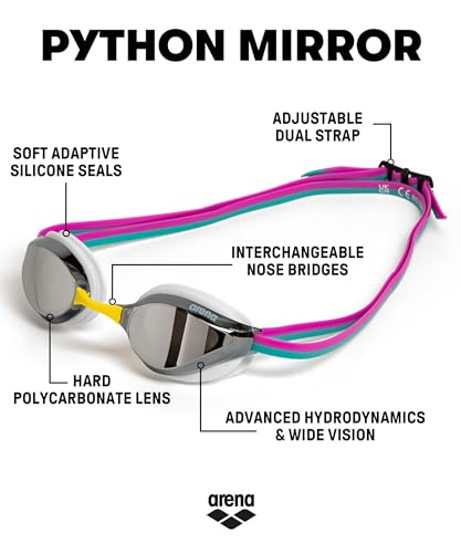 Image of ARENA Unisex Python Racing Swim Goggles for Men and Women Anti-Fog No Leak Max Comfort Dual Strap, Mirror /Non-Mirror Lens