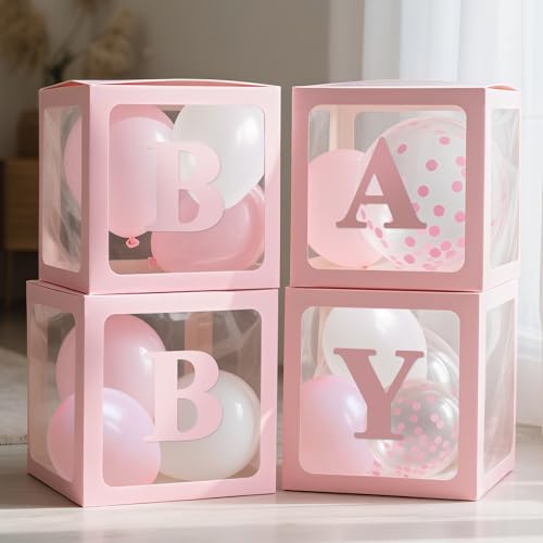 Image of Ledido Baby Boxes with Letters for Baby Shower Decorations with 38 Balloons, 4 pcs Clear Balloon Boxes Blocks for Boys Girls Gender Reveal Decorations Birthday Backdrop Party (Pink)