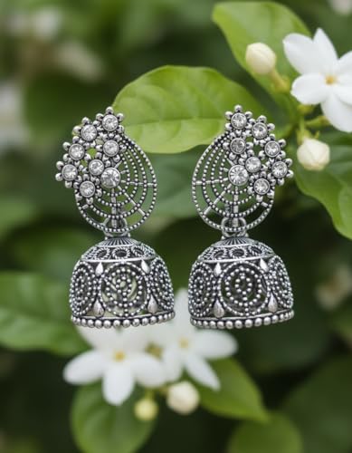 Image of (12 Pair) Oxidised Silver Jhumka Earrings for Women | Stylish Fashion Earrings Combo | Chandbali & Pearl Chandbali Earrings | Traditional South Indian Jhumkas for Girls & Women