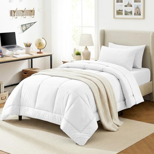 CozyLux Twin Comforter Set with Sheets White 5 Pieces Bed in a Bag White Comforter Twin Size All Season Bedding Set with Stitch Quilted Comforter Flat Sheet Fitted Sheet Pillowcases
