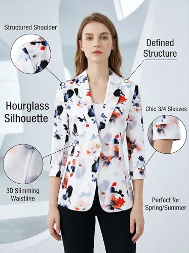 Womens 3/4 Sleeve Lightweight Office Work Suit Jacket Boyfriend Blazer (1905 White, L)