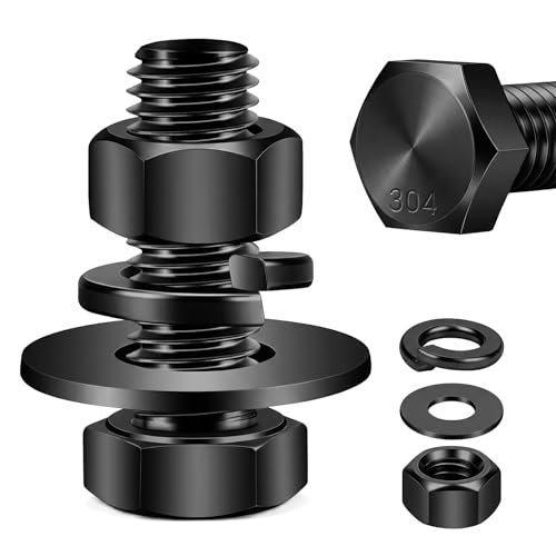 Image of Mellewell 3 /8-16 x 1-1 /2 inch Hex Head Screws Bolts, Nuts, Flat & Lock Washers, Fully Threaded, Stainless Steel 18-8, Black Finish, 6 Sets